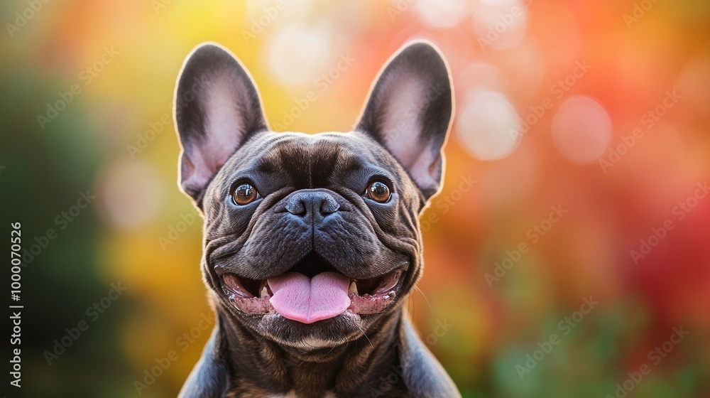 Fototapeta premium Happy French Bulldog with a colorful blurred background.