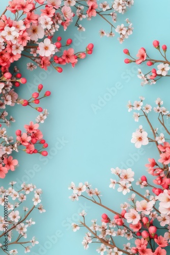 Delicate cherry blossom branches with pink and white flowers against a light ...