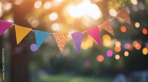 Colorful string of festival bunting decorations in a sunlit outdoor setting d...