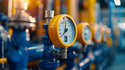 Pressure gauge measures intense pressure in an industrial setting during dayl...