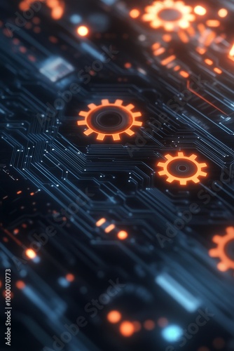 Abstract circuit board with glowing gears illustrating technology and innovat...
