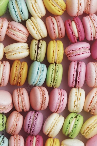 Colorful macarons arranged elegantly on a light background during a dessert s...