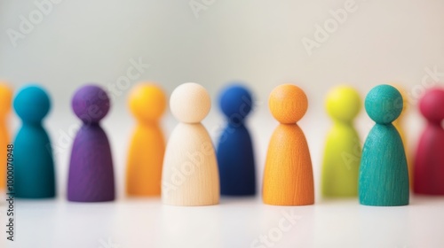 Colorful wooden figures lined up on a neutral background, celebrating diversi...