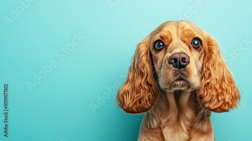 A close-up of a golden dog with expressive eyes against a turquoise background.