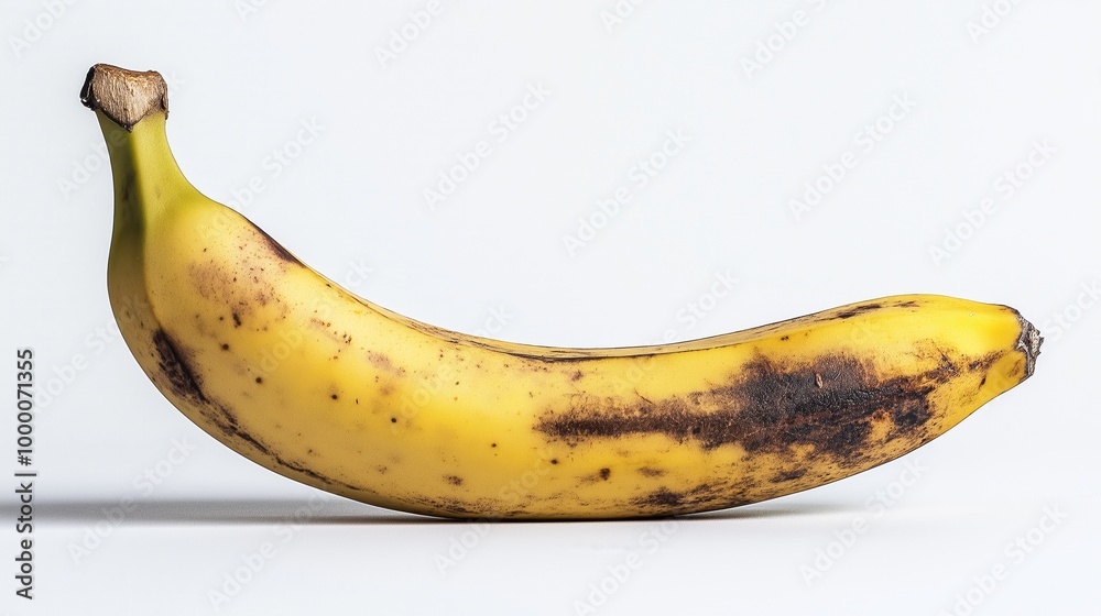 A banana is shown with a brown spot on it. The banana is ripe and ready to eat A banana is shown with a brown spot on it. The banana is ripe and ready to eat