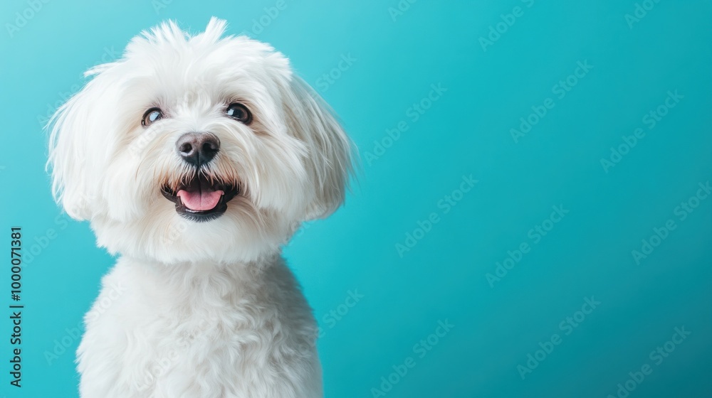 A cheerful white dog with fluffy fur against a vibrant blue background. A cheerful white dog with fluffy fur against a vibrant blue background.