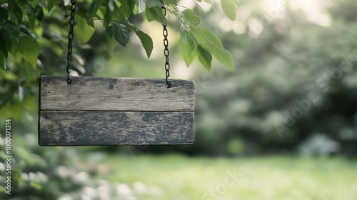 Wooden sign hanging from tree branches in a lush green garden on a sunny day