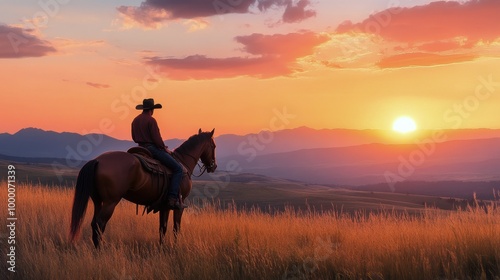 Fototapeta Naklejka Na Ścianę i Meble -  Silhouette of a cowboy on horseback against a vibrant sunset over misty mountains