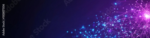 Abstract digital background with glowing particles and connections in purple and blue hues.