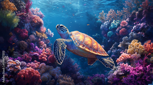 Sea turtle resting among colorful coral formations imagine a cinematic underwater image of a sea turtle resting peacefully among colorful coral formations. Coral Garden. Illustration photo