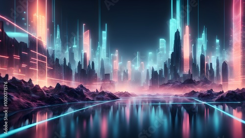 A futuristic cityscape with neon lights reflecting in a still water body.