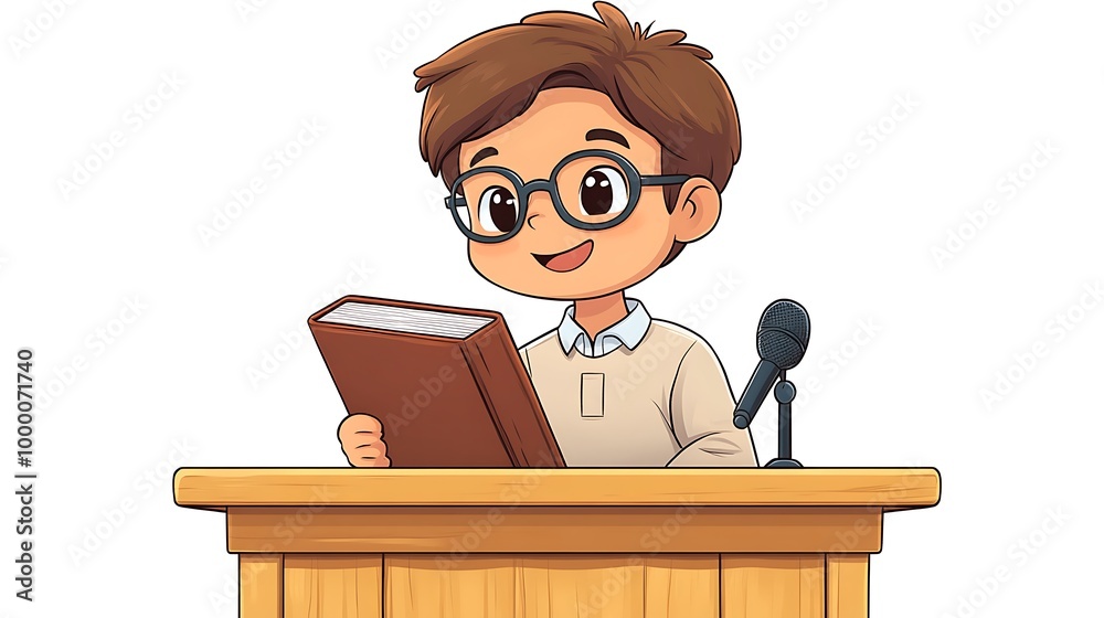 Chibi Character Reading Large Textbook at Podium Chibi Character Reading Large Textbook at Podium