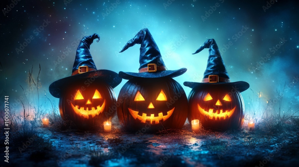 Fototapeta premium Glowing Jack-o'-Lanterns with Witch Hats in a Spooky Halloween Forest