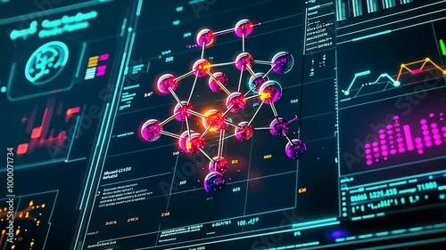 A high-tech digital display shows dynamic molecular structures with vibrant colors set against a background of futuristic data charts and graphs, indicative of a scientific research laboratory.