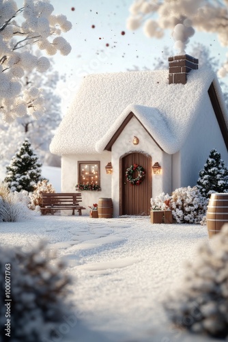 Cozy winter cabin surrounded by snow-covered trees and festive decorations at...