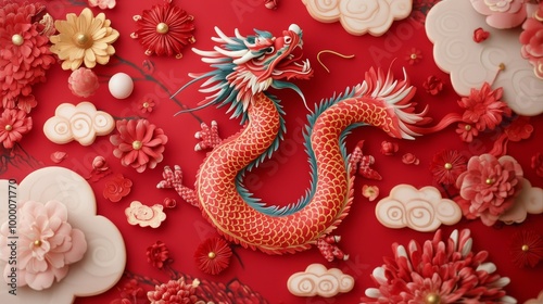 Colorful dragon artwork surrounded by floral decorations for a festive celebr...