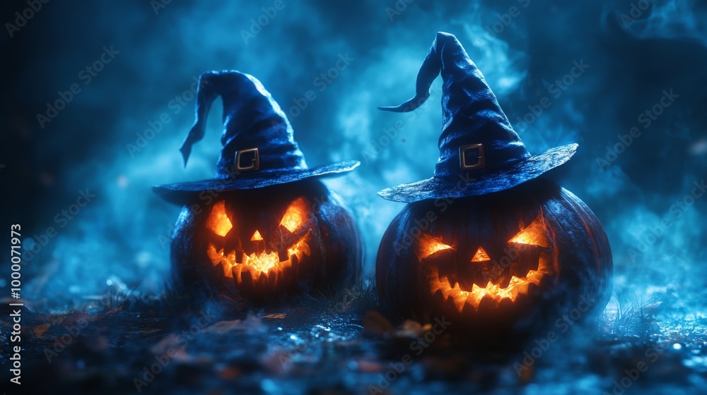 Glowing Jack-o'-Lanterns with Witch Hats in a Spooky Halloween Forest Glowing Jack-o'-Lanterns with Witch Hats in a Spooky Halloween Forest