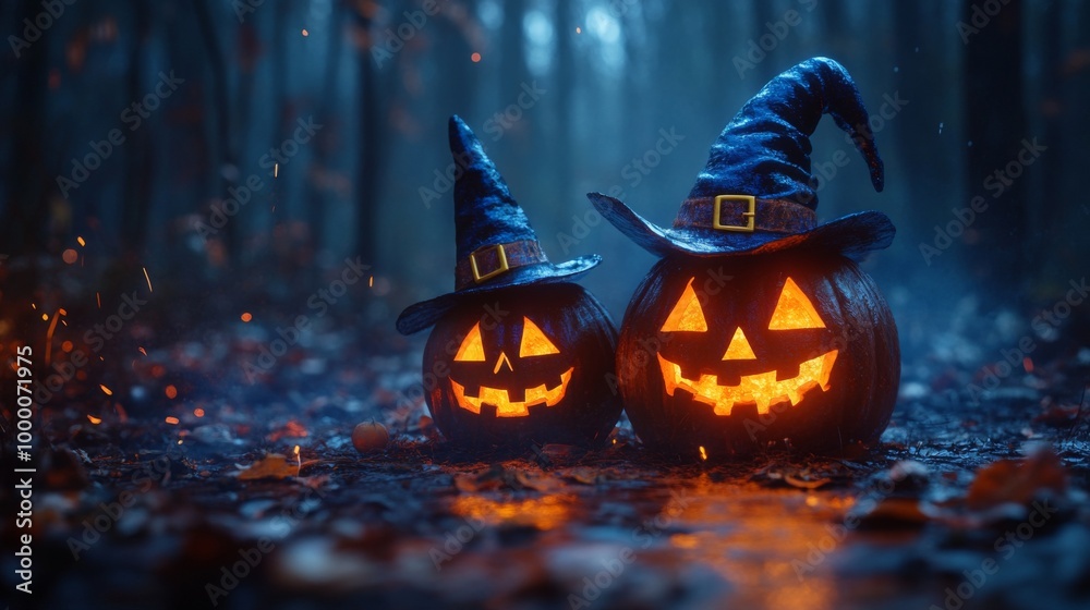 Fototapeta premium Glowing Jack-o'-Lanterns with Witch Hats in a Spooky Halloween Forest
