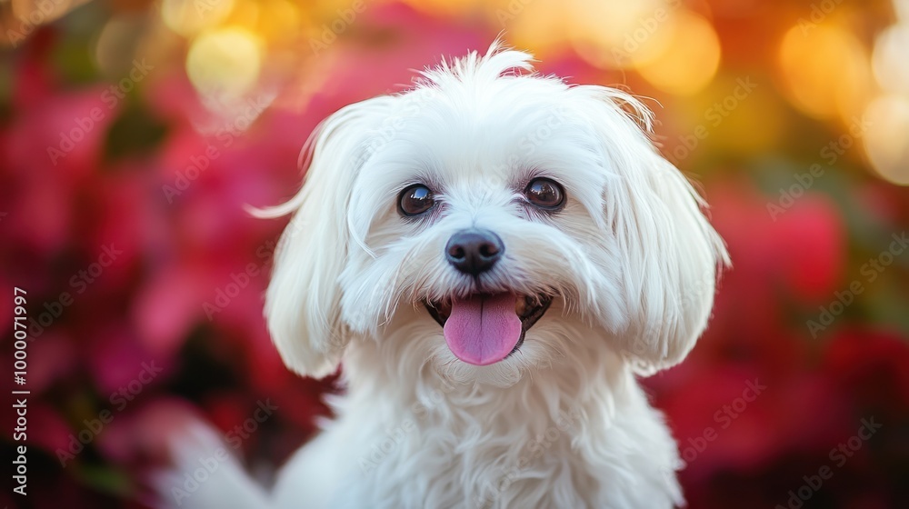 A cheerful white dog with a playful expression against a colorful blurred background. A cheerful white dog with a playful expression against a colorful blurred background.