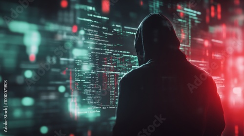 A hooded figure analyzes data on digital screens in a dimly lit environment a...