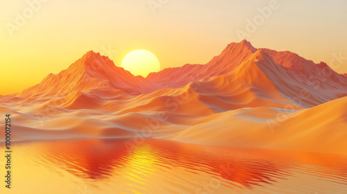 A vibrant sunrise reflecting on rippling sand dunes, isolated on a pastel yellow background, with soft shadows and glowing light,