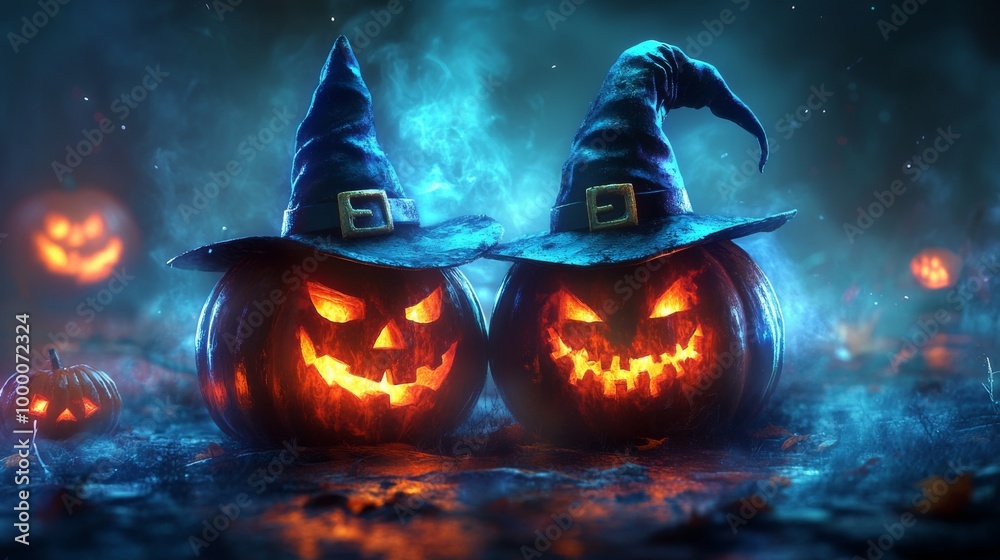 Fototapeta premium Glowing Jack-o'-Lanterns with Witch Hats in a Spooky Halloween Forest