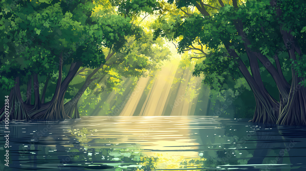 Serene view of lush mangrove forest with sun rays filtering through trees on calm water. Mangrove Forest. Illustration