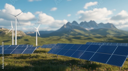 Renewable energy landscape featuring solar panels and wind turbines in a gree...