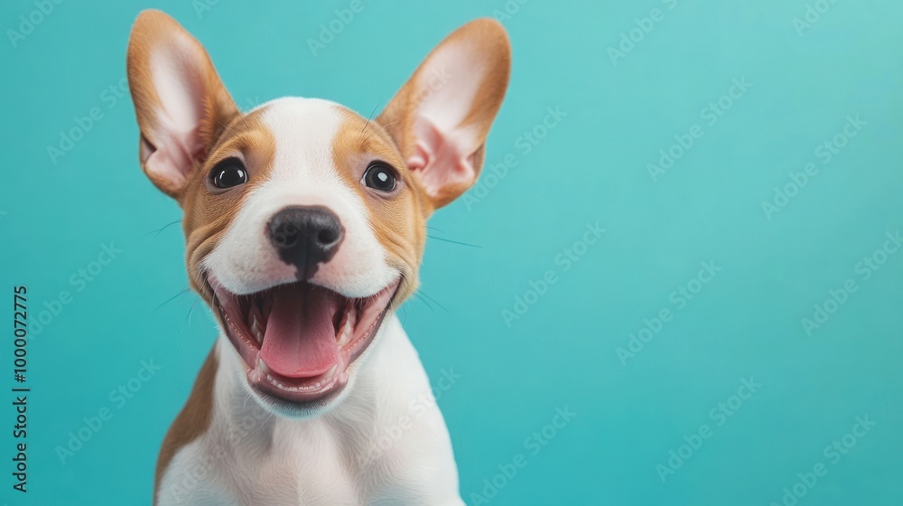A cheerful dog with a big smile against a bright blue background. A cheerful dog with a big smile against a bright blue background.