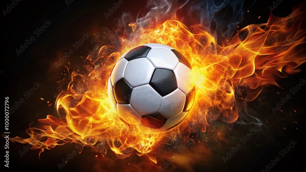 Naklejka premium Fiery Football: A Dynamic Image of a Flaming Soccer Ball Symbolizing Passion and Energy in Sports