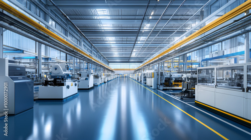 Sleek modern factory floor with automated mechanical systems and machines showcasing the role of machine learning in optimizing mechanical engineering processes. AI Utopia. Illustration