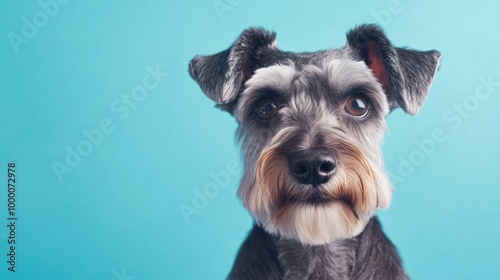 A close-up of a Schnauzer dog with expressive eyes against a blue background.