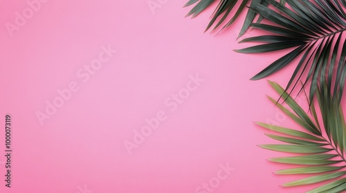 Lush palm leaves arranged on a vibrant pink background creating a tropical vibe