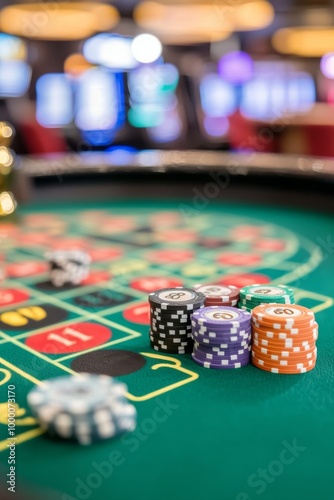 Colorful chips stacked on a roulette table in a busy casino with bright lights at night