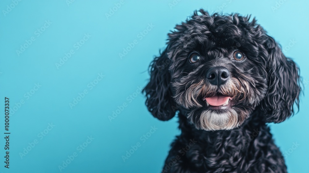 A cheerful black dog with curly fur against a bright blue background. A cheerful black dog with curly fur against a bright blue background.