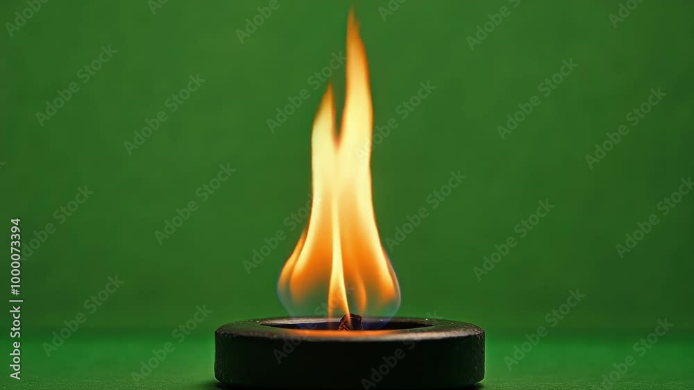 Flame is burning on a black candle holder, providing a vibrant element for visual effects and creative projects against a green screen background