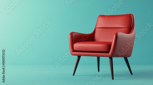 Red modern chair in front of a bright teal wall in a minimalist interior design setting