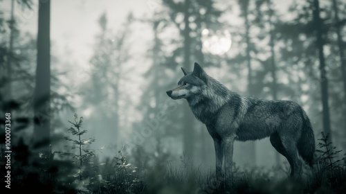 A grey wolf howls under the full moon in a misty forest at night