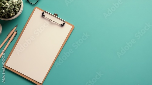 A clean workspace with a clipboard, pens, and a plant on a turquoise background
