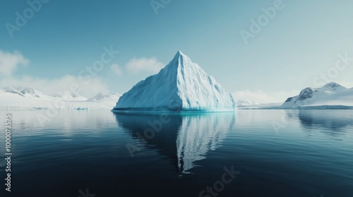 Majestic iceberg floating in calm waters surrounded by distant mountainous la...