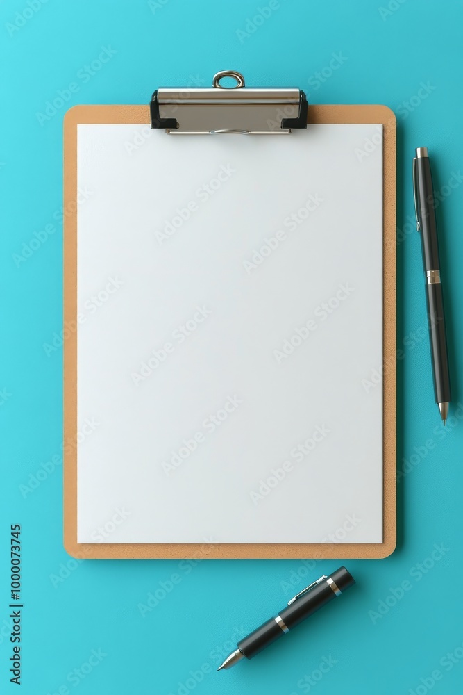 Blank clipboard and pens on a turquoise background for creative note-taking Blank clipboard and pens on a turquoise background for creative note-taking