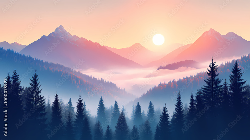 Obraz premium Sunrise over mountain forest. Misty Mountains. Illustration