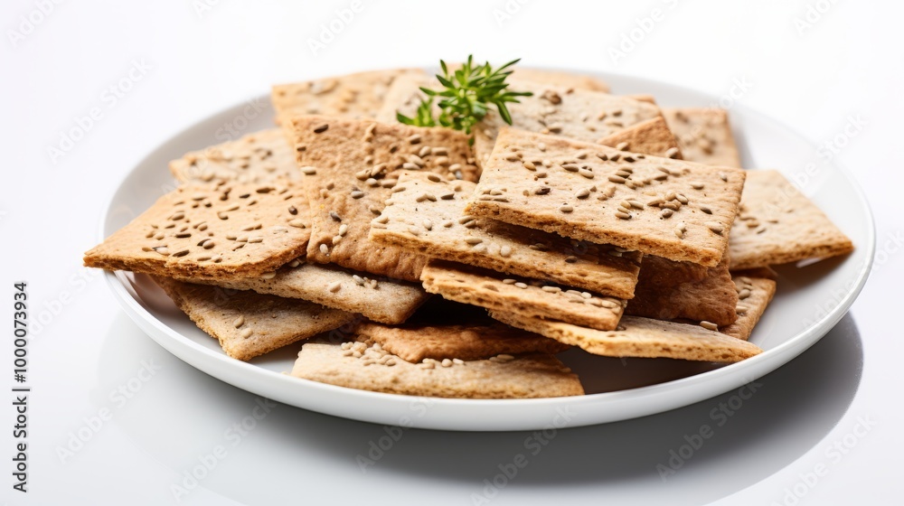 Whole Grain Crackers on Plate with Fresh Herbs Whole Grain Crackers on Plate with Fresh Herbs