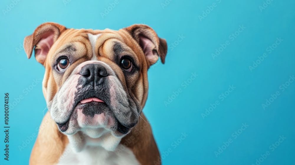 A close-up of a bulldog against a bright blue background, showcasing its expressive face. A close-up of a bulldog against a bright blue background, showcasing its expressive face.