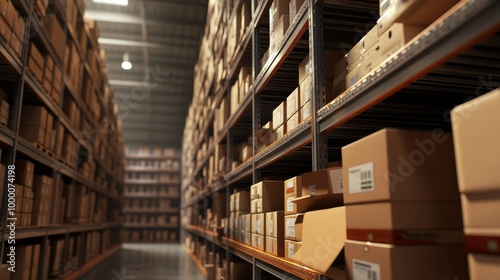 Brightly lit warehouse interior with stacked boxes and pallets during early e...
