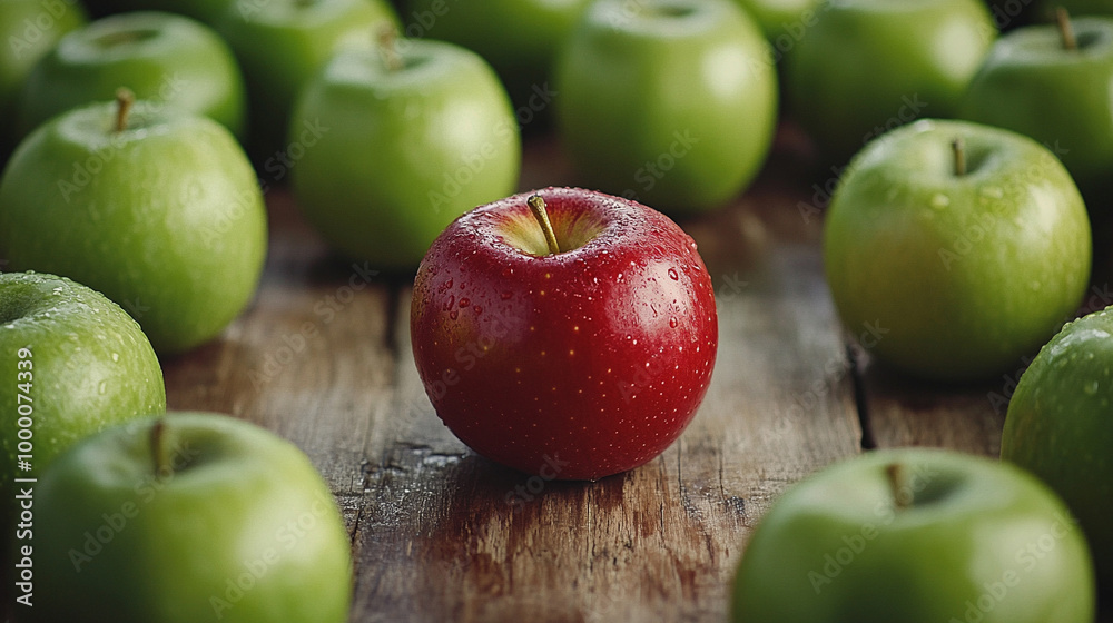 a high-definition shot of a single red apple among a pile of green apples, placed on a rustic wooden surface, a high-definition shot of a single red apple among a pile of green apples, placed on a rustic wooden surface,