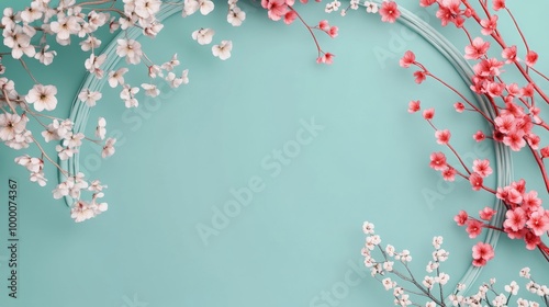 Delicate cherry blossoms create a beautiful floral backdrop against a serene ...