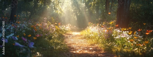 A serene forest path illuminated by sunlight, surrounded by colorful flowers and greenery.