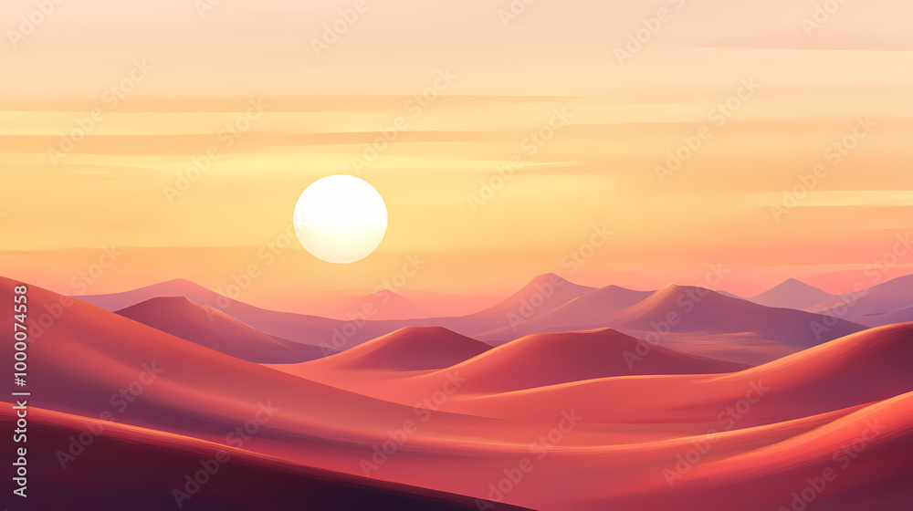 Fototapeta premium Sunset over a vast expanse of rolling sand dunes in the desert. Rolling Dunes. Illustration