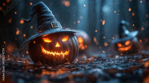 Glowing Jack-o'-Lanterns with Witch Hats in a Spooky Halloween Forest